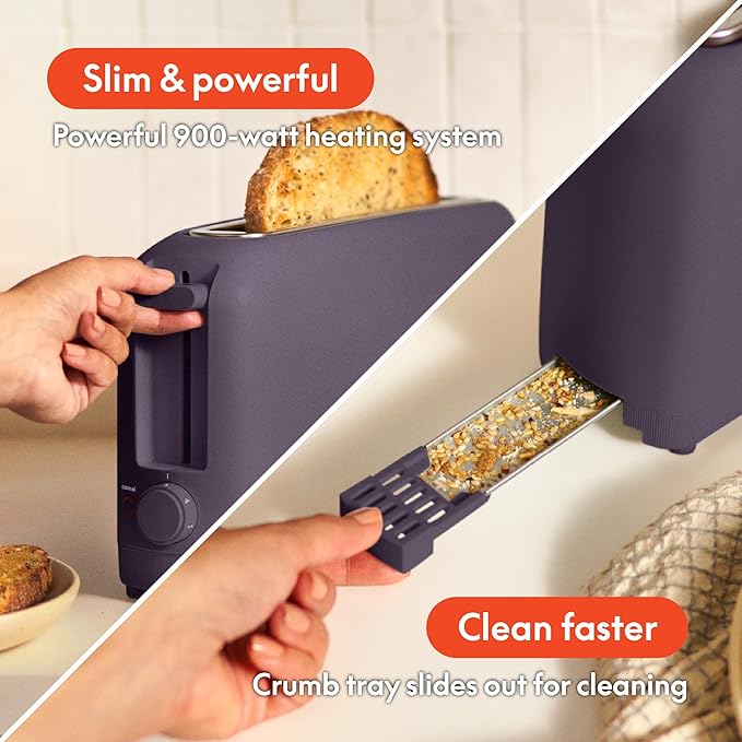 bella 2 Slice Slim Toaster, Fits-anywhere??Kitchenware, 6 Setting Shade Control with Reheat & Cancel Buttons, Fits sourdough, 10??Long Slot, Anti Jam & Auto Shutoff, 900 Watt, Plum