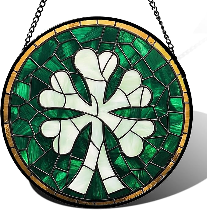 Stained Glass Window Hanging Green Clover Large 15" - Suncatcher Door Garden Sun Catcher Home Ireland Decor Birthday Mother's Day St Patrick's Day Gifts for Mom Men Woman Wife Friend