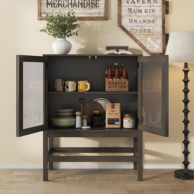 Sideboard Buffet Cabinet with Storage, Small Kitchen Coffee Wine Bar Cabinet with Glass Press-to-Open Doors, Wood Mid Century Modern Side Board Table for Dining Room, Living Room