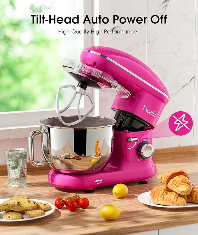 Facelle Stand Mixer, Electric Kitchen Mixer, 660W 6 Speed Tilt-Head stand mixer with Pulse, Attachments include 6.5QT Bowl, Dishwasher Safe Beater,Dough Hook,Whisk for Dough,Baking,Cakes,Cookie-Purple