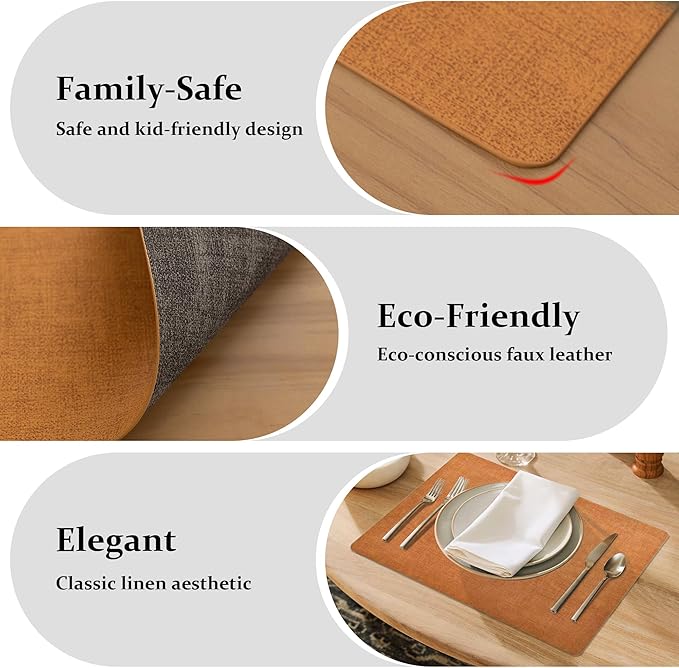 FROMHEART Faux Leather Placemats Set of 4?밯aterproof,Heat/Oil Stain-Resistant PU Table Mat?밨eversible,Non-Slip,Easy to Clean Place Mats for Kitchen,Dining,Indoor/Outdoor,(Orange-Grey,11.8" x 17")