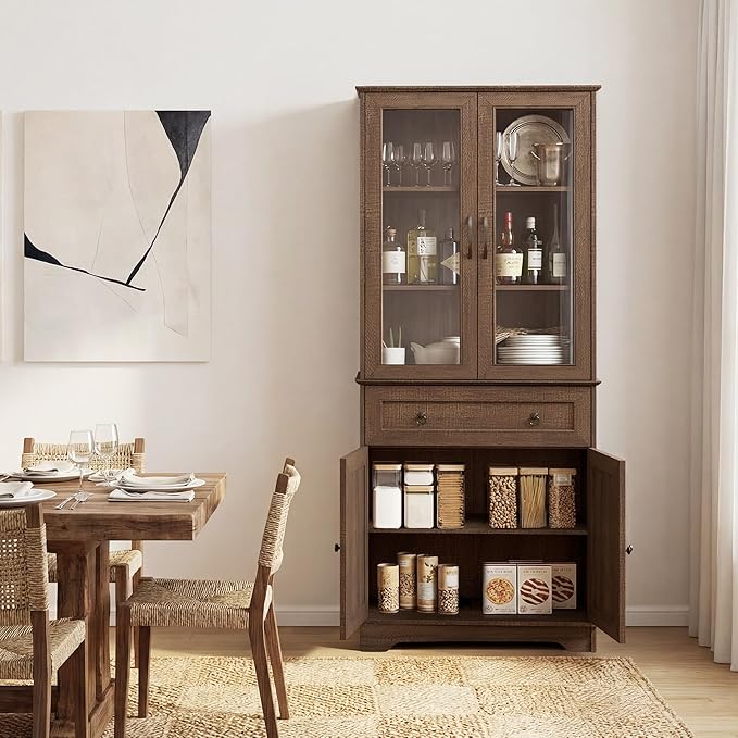 Set of 2 72" Tall Kitchen Pantry Storage Cabinets with Glass Doors and Drawer, Farmhouse Cupboards with Adjustable Shelves, Freestanding Food Pantries for Kitchen, Dining Room, Brown