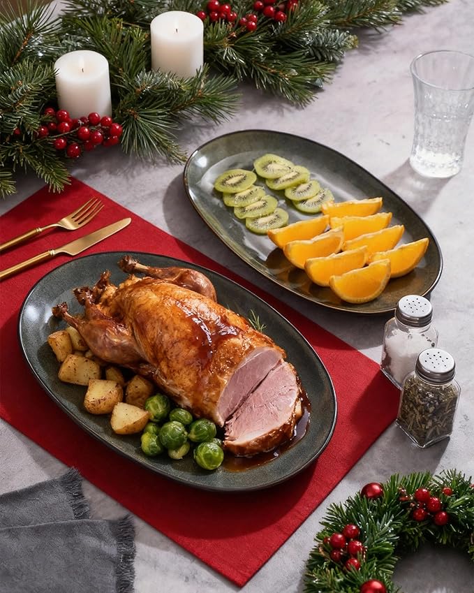 famiware Serving Platter, Oval 15.59/14.3/12.9 inch Serving Dishes for Entertaining, Serving Bowls, Dishwasher Safe, Fine Stonware Serving Trays for Party, Turkey, Cheese, Reactive Glaze, Deep Forest