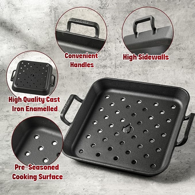 onlyfire Cast Iron Skillet, 12 Inch Pre-Seasoned Square Steak Pan with Nonstick Perforated Grill Surface and Dual Handles, Cast Iron Grill Pan Frying Pan for Grill, Oven and Stovetops