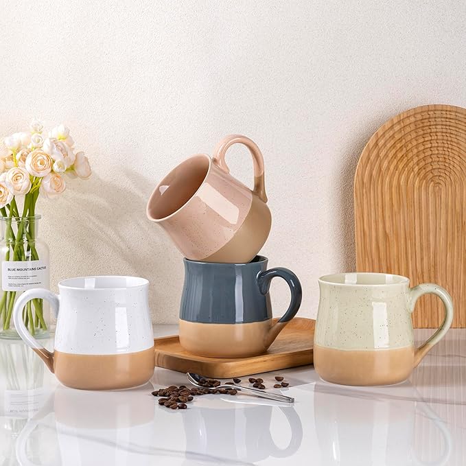 GBhome Ceramic Coffee Mugs Set of 4, 24oz Handmade Large Coffee Mugs Set with Terracotta Underside for Latte/Tea/Beer/Hot Cocoa/Cappuccino/Soup Dishwasher & Microwave Safe-Multicolor