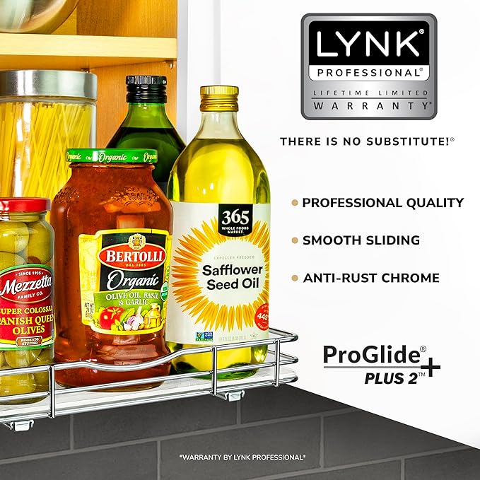 LYNK PROFESSIONAL짰 Pull Out Spice Rack Organizer for Inside Kitchen Cabinets - 12-3/8 inch Wide - Slide Out Drawer ??Chrome Sliding Spice Cabinet Organization Shelf Racks - 1 Tier