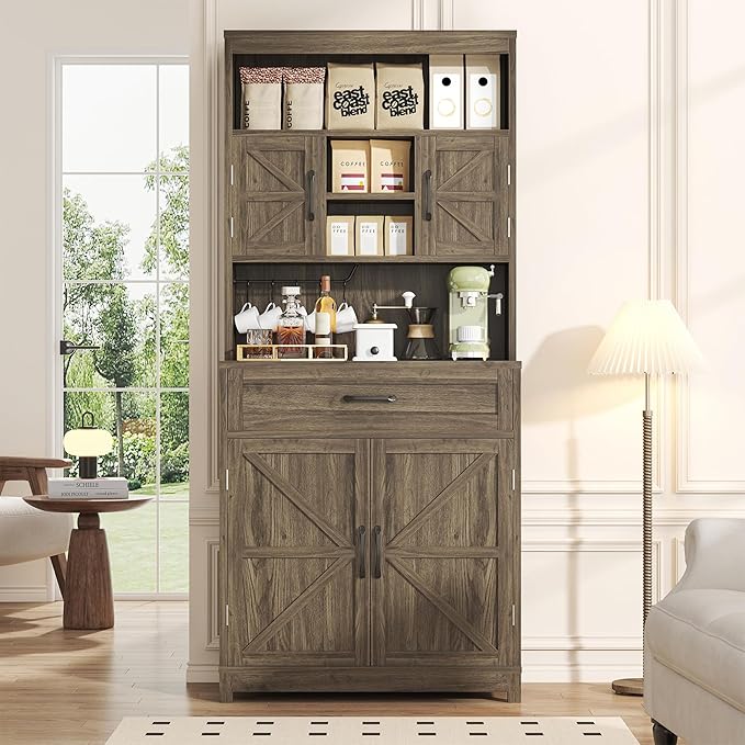 69" Tall Farmhouse Kitchen Pantry Cabinet, Kitchen Hutch Bar Cabinet with Drawers&Cup Holder, Large Wooden Storage Cabinets with Barn Doors&Microwave Stand, Cupboard for Dining Room(Ash Grey)