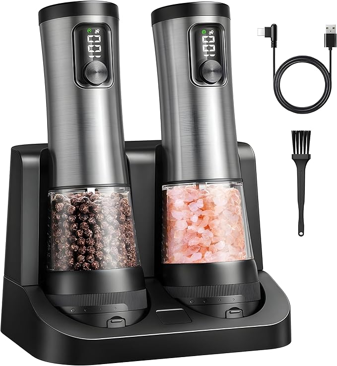 Electric Salt & Pepper Grinder Set ??Automatic Battery Operated Shakers, 5-Level Adjustable Coarseness, Dual Speed, USB Rechargeable, Large Capacity, Ideal Housewarming Gift (Stainless Steel)