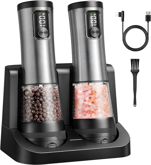 Electric Salt & Pepper Grinder Set ??Automatic Battery Operated Shakers, 5-Level Adjustable Coarseness, Dual Speed, USB Rechargeable, Large Capacity, Ideal Housewarming Gift (Stainless Steel)