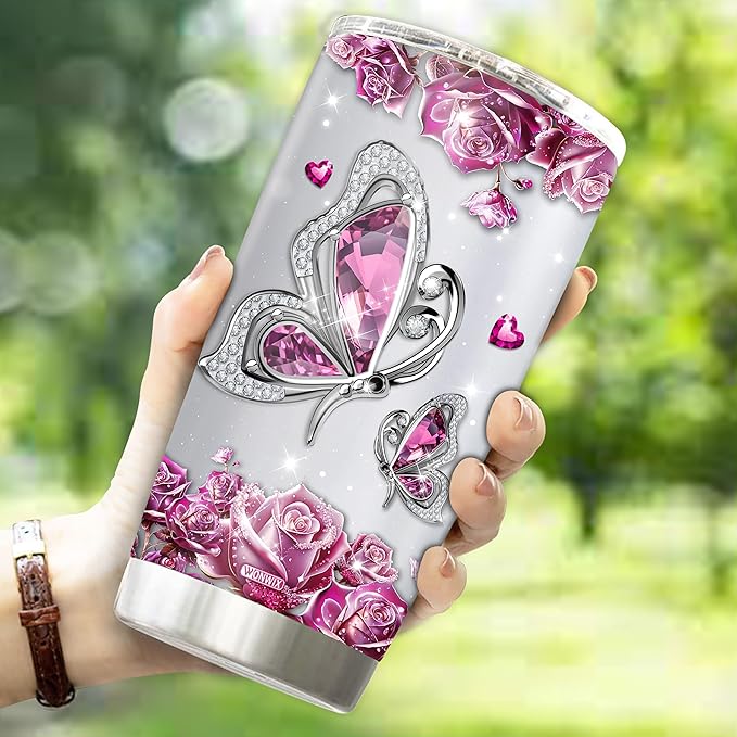 WONWIX Personalized Butterfly Coffee Mugs For Girls Mom Women Adults Butterflies Lovers Water Bottle Travel Mug Mothers Day Birthday Christmas Valentine 20oz Stainless Steel Cup With Lid