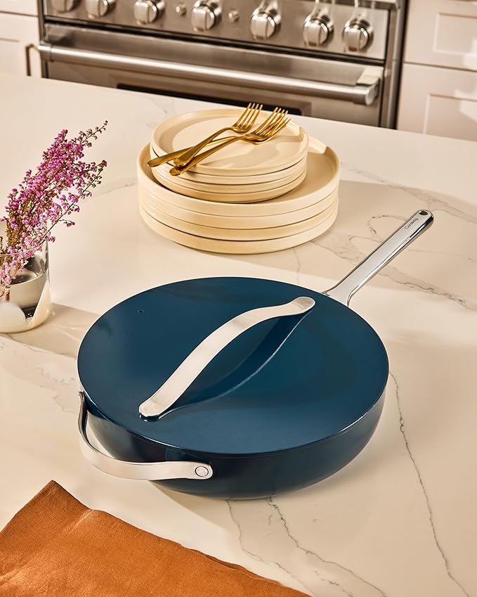 Caraway Nonstick Ceramic Saut챕 Pan with Lid (4.5 qt, 11.8") - Non Toxic, PTFE & PFOA Free - Oven Safe & Compatible with All Stovetops (Gas, Electric & Induction) - Marigold