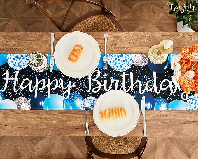 Letjolt Silvery Blue Balloon Happy Birthday Table Runner 72 Inches Celebrate Birthday Party Table Decor