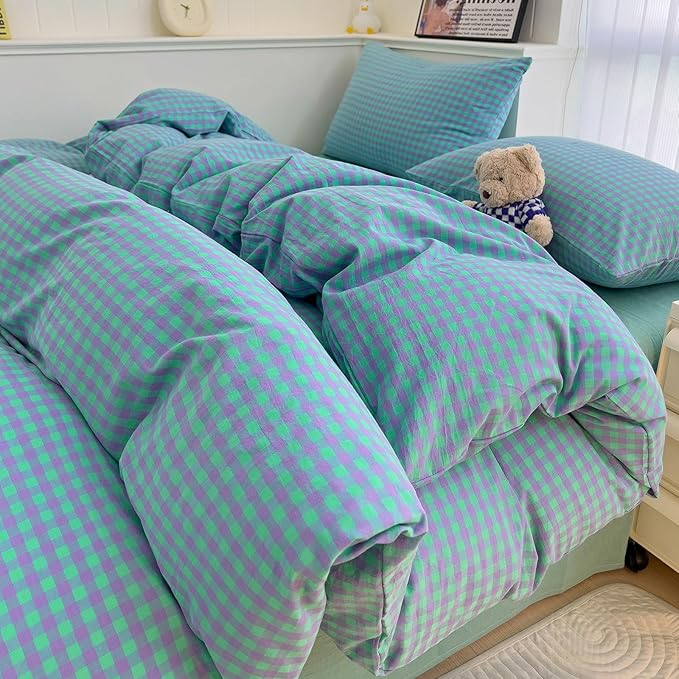 LifeTB Queen Comforter Set Green Gingham Bedding Comforter 3 Pieces Checkered Pattern Comforter Set Green Purple Plaid Grid Bed Comforter with 2 Pillowcases Fluffy Soft Gingham Bedding Set Queen Size