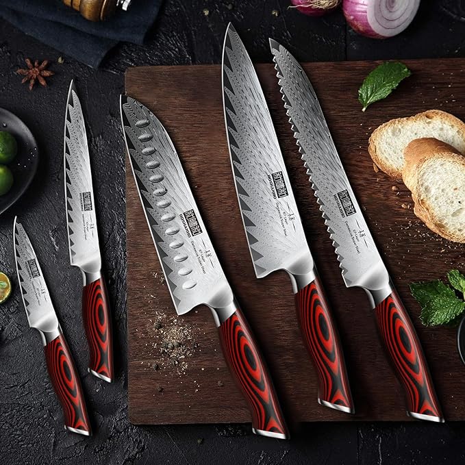 HOSHANHO Kitchen Knife Set with Block, 7 Pieces Chef Knife Set 67 Layers Damascus Steel Professional Knife Set for Cooking, Ergonomic G10 Handles with Sharpener