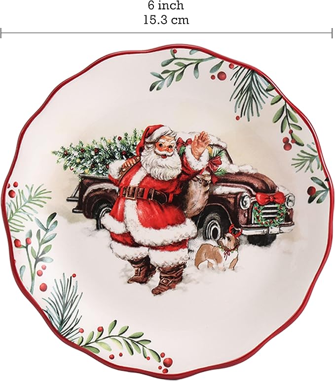 Bico Santa On The Way Scalloped Appetizer Plates Set of 6, 6 Inch Small Ceramic Dessert Plates for Snacks, Salad, Tablescape, Microwave and Dishwasher Safe, Gift for Housewarming and Thanksgiving