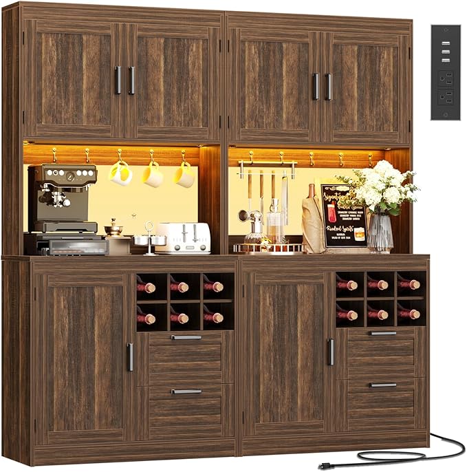 Unikito 72" Tall Kitchen Pantry Cabinet with LED Light & Outlet, 63" Wide Kitchen Hutch Bar with Microwave Stand, Drawers, Wine Racks and Storage Shelves, Cupboard for Dining Room, Weathered Brown