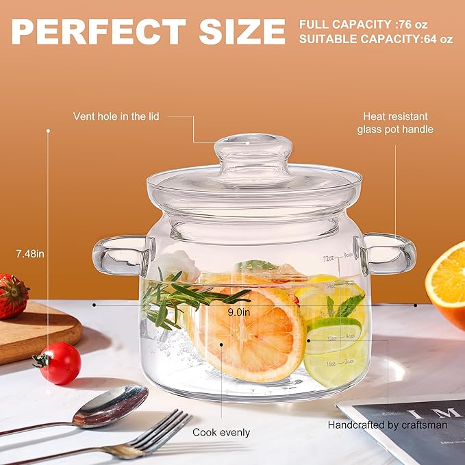 72Oz Borosilicate Glass Saucepan With Lid,Clear Glass Simmer Pot for Cooking on Stove with Lid - Microwave, Stove and Dishwasher Safe Potpourri Pot and Serving Dish