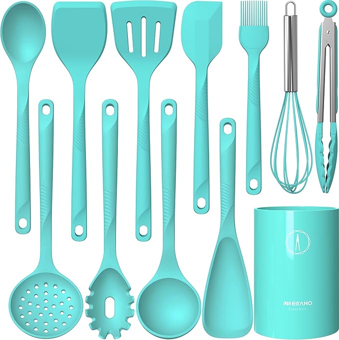 Silicone Cooking Utensils Set - 600째F Heat Resistant, Nonstick Kitchen Utensil Set with Spatulas, Spoons, Whisk, Tongs, BPA Free, Dishwasher Safe (Teal)