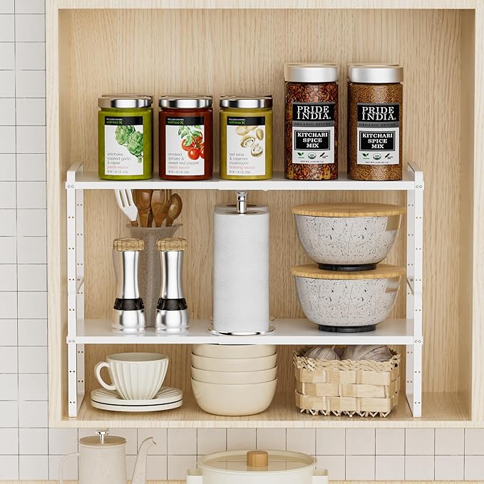 Cabinet Organizer Shelf,Expandable Counter Spice Rack,Stackable Shelf,Adjustable Storage Riser for Kitchen Pantry Countertop Cupboard,White,D:8.07"