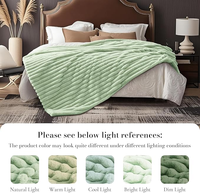 Am챕lie Home Faux Fur Throw Blanket for Couch, Cozy Fuzzy Fluffy Fur Luxurious Soft Striped Plush Gift Blankets for Family Sofa Chair Bedroom, 55"x70", Sage Green