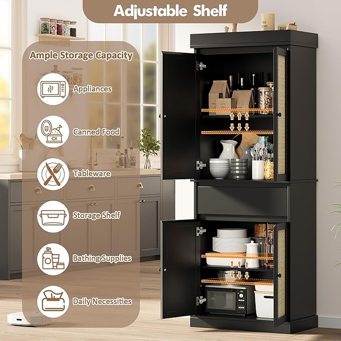 Tall Kitchen Pantry Cabinet with Rattan Doors, Adjustable Shelves & Drawer, Freestanding Storage Cupboard for Bathroom, Dining Room & Living Room（New Black）