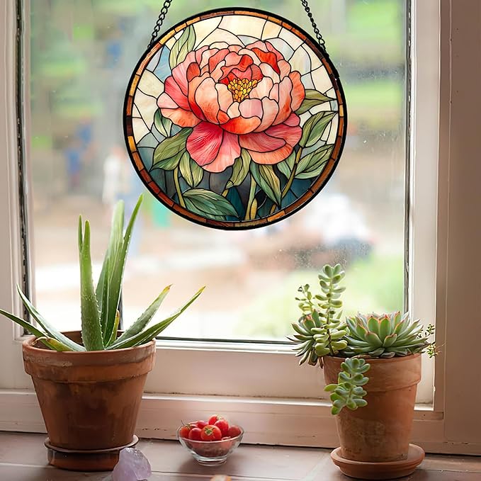 Stained Glass Window Hanging - Pink Peony Floral Suncatcher for Door Garden Yard Birth Flower Sun Catchers Decor Christmas Mother's Day Birthday Gifts for Women Mom Nana Wife Teacher 15 in