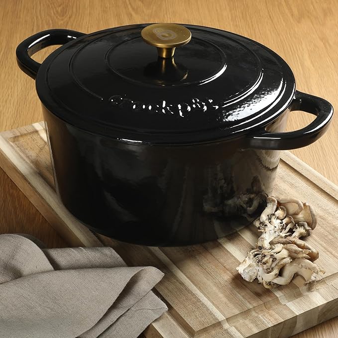 Crock Pot Artisan 7-Quart Round Cast Iron Dutch Oven with Lid ??Black Enamel Finish, Gold Knob, Durable Heavy-Duty Cookware for Slow Cooking, Baking, and Roasting