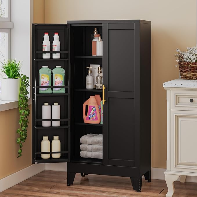 Metal Kitchen Pantry Cabinet, Storage Cabinets with 2 Door and 3 Adjustable Shelves, Black Freestanding Food Storage Cabinet, Steel Cupboard for Kitchen Dinning Room