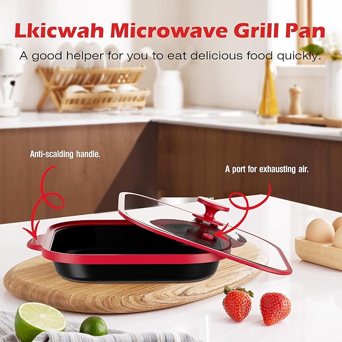Microwave Grill Pan with Cover - Bacon Cooker, Crisper & Grilled Cheese Maker, Microwave Cookware,Dishwasher Safe for Easy Clean,Stocking Stuffer