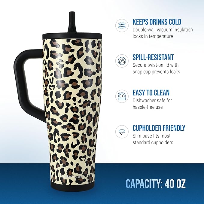 Ice Shaker 40 oz Tumbler with Handle and Straw | 40oz Leopard | Cold for 30+ Hours | 2-in-1 Tumbler Shaker Bottle | Odor-Free 40 ounce Bottle for Water, Protein Shakes, Smoothies, Cocktails
