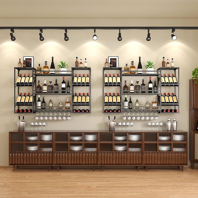Wall-Mounted Wine Rack, 3-Tier Wine Bottle Display Shelf with Glass Holder, Metal Wine Rack Wall Mounted for Home Bar Kitchen Dining Room Coffee Shop (Black, 63in)
