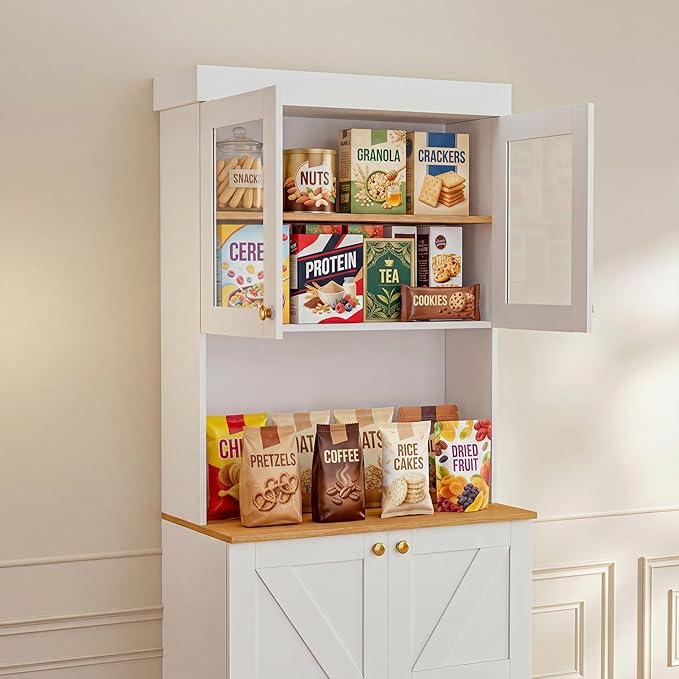 71" Farmhouse Kitchen Pantry Cabinet Set of 3, Freestanding Coffee Bar Hutch with Glass Doors, Drawers & Adjustable Shelves, Large Storage Cabinet with Microwave Stand for Living Room & Kitchen, White