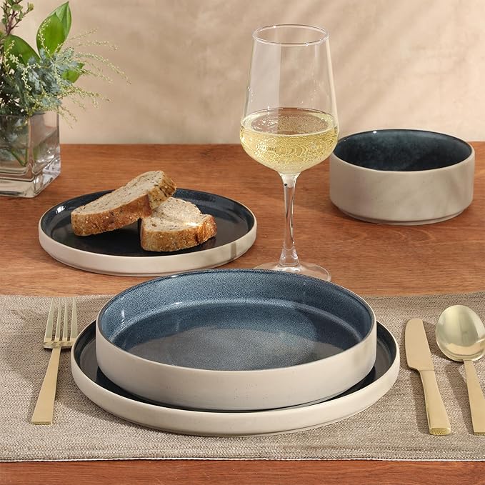 Gibson Elite Liberty Bay 16-Piece Pottery Clay Stoneware Dinnerware Set ??Blue Reactive Glaze, Stackable Plates and Bowls W/Pasta Bowl, Service for 4 ??Microwave & Dishwasher Safe