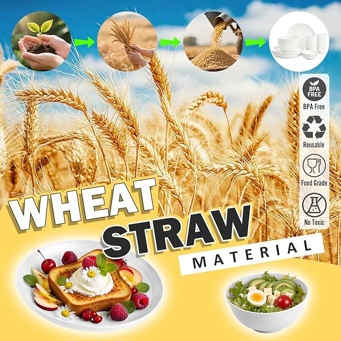 Wheat Straw Plates and Bowls Sets of 16竊똗nbreakable Dinnerware Sets for 4, Microwave & Dishwasher Safe Kids Dish Set for Kitchen, Outdoor, Camping, Party, RV- White