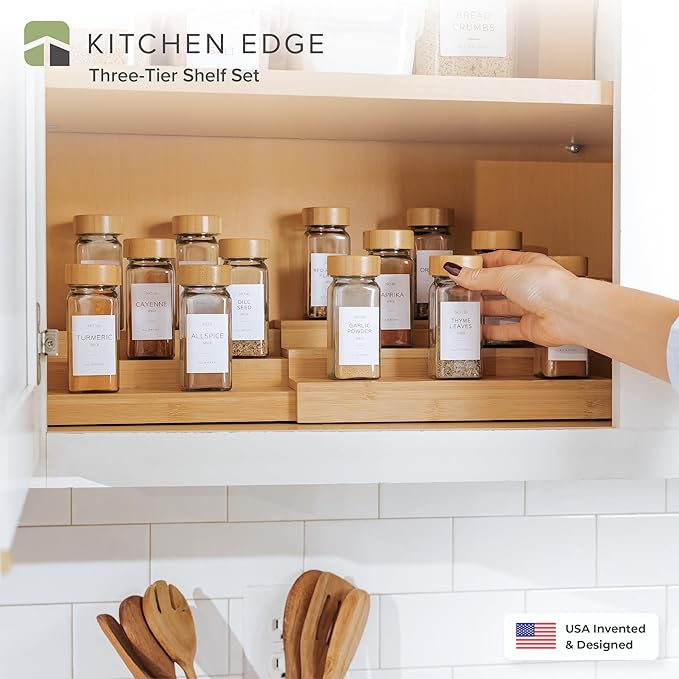 KitchenEdge Expandable Spice Rack Organizer for Cabinet, 3-Tier Shelf for Spice Organization (11??to 22??, Fits 36 Spice Jars, Seasoning and Pantry Storage, Non-Slip Feet, 100% Bamboo Wood