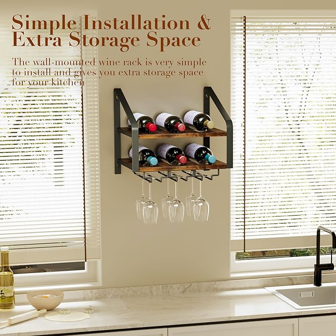 Wall Mounted Wine Rack for 6 Wine Bottles and 6 Glass Holder, 2-Tier Wall Wine Rack, Wood Wine Racks for Wall, Wood-Metal Wine Bottle Holder for Home Bar, Wine Kitchen Storage (Brown Black)