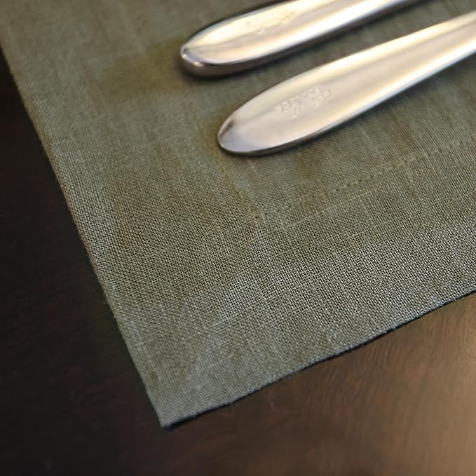 KNOKNO Home Pure Hemp Placemats 18 x 18 Inch Set of 4 Handcrafted with Mitered Corners Natural Fabric,Machine Washable Table Mats for Dining Tables (Moss Green, Napkins | Set of 4)