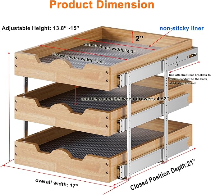 DINDON 3 Tier Pull Out Cabinet Organizer 17?쓂 X21?쒭 Slide Out Shelves With Shelf Liner for Kitchen Wood Roll Out Drawers Pantry Organization
