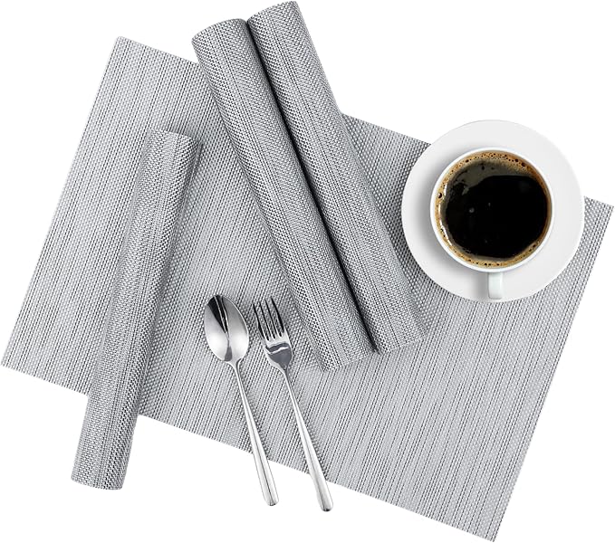 Sliver White Placemats Set of 8 Durable Heat Resistant Non-Slip Washable Place Mats PVC Vinyl Woven Table Mats for Dining Table Size 12 x 17 Inch