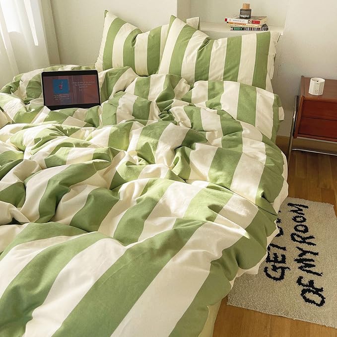 Full Comforter Set 3 Pieces Striped Comforter Set Green White Stripes Pattern Comforter with 2 Pillowcases Modern Style Fluffy Soft Lightweight Bedding Set Comfy Retro Striped Comforter Full Size