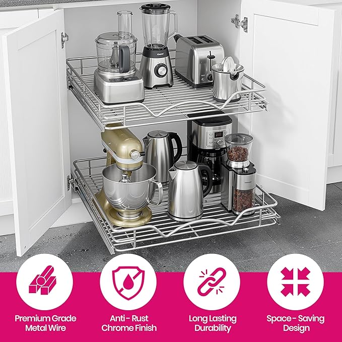 HOLDN??STORAGE Two Tier Pull Out Cabinet Organizer, Individual Sliding Drawers - Heavy Duty Metal with Lifetime Limited Warranty - Anti Rust Chrome Finish - 11" W x 21?쒭 x 16.5" H