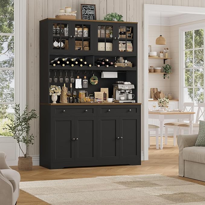HOSTACK 75.4" Tall Kitchen Pantry Cabinet with Charging Station, Modern White Kitchen Hutch with Microwave Stand and Wine Rack, Large Food Pantry Storage Cabinet with Glass Doors and Drawers, Black