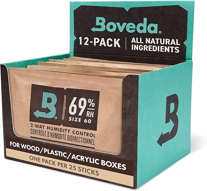 Boveda 69% Two-Way Humidity Control Packs For Plastic, Wood Humidifier Boxes & Resealable bags ??Size 60 ??12 Pack ??Moisture Absorbers ??Humidifier Packs ??Individually Wrapped Hydration Packets