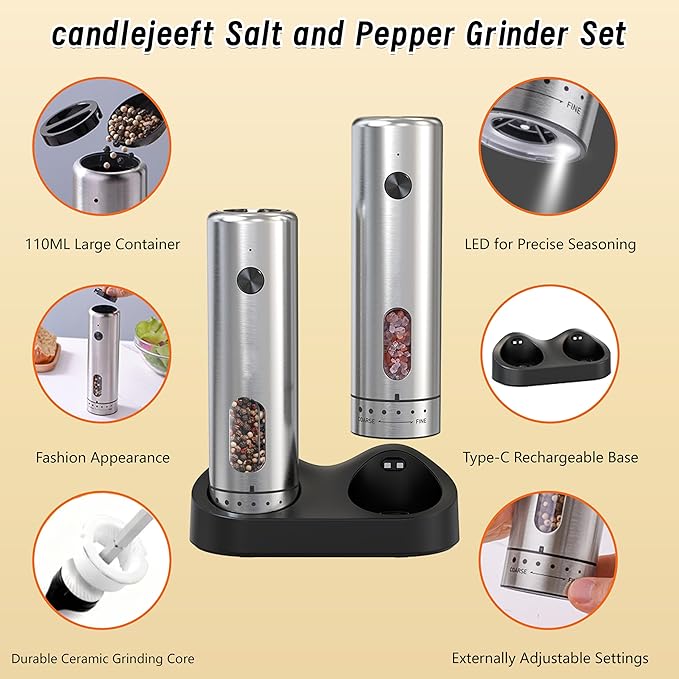 Electric Salt and Pepper Grinder Set - Rechargeable External Adjustment LED Light Dual Charging Base Upgraded Large Capacity with 110ml Top-Refill Stainless Steel Automatic Pepper Shakers
