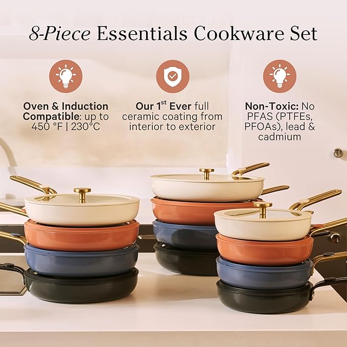 Our Place 8-Piece Essentials Complete Cookware Set - Ceramic Fry Pan Trio & Modular Rack Storage | Nontoxic Thermakind??Nonstick, Oven Safe up to 450째F & Compatible with All Cooktops | Terracotta