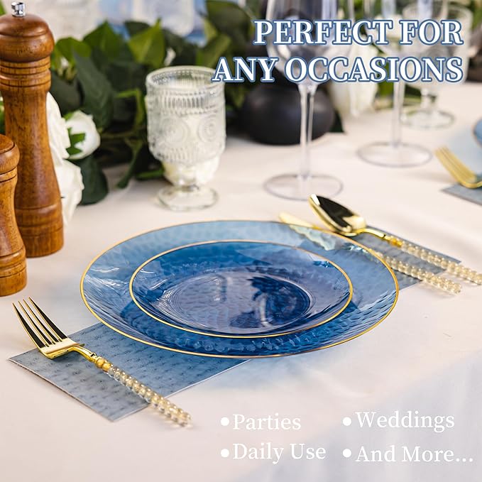 Lullaby 60Pcs Blue Gold Plastic Plates, Blue Disposable Plates With Gold Rim, Plastic Plates Include 30 Dessert Plate 10'', 30 Dinner Plate 7.5'' for Party, Birthdays and Wedding ﻿