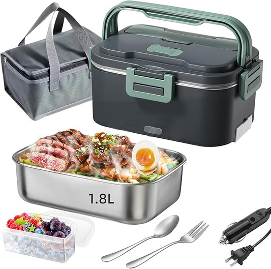 Vidaskeci Electric Lunch Box for Adultss 100W 1.8L Portable Heated lunch box for men 12V/24V/110V home/Car/Office/Truck,1,8L Removable 304Stainless Steel Container (Dark Green)