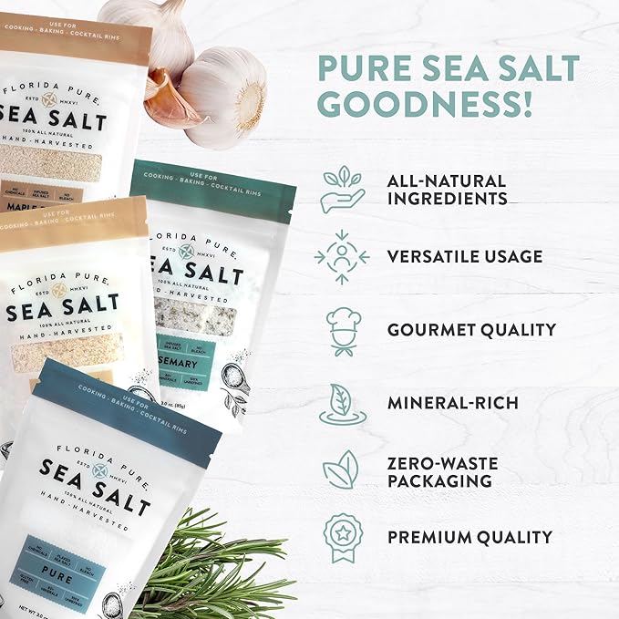 Florida Pure Sea Salt Gift Set - 4 Flavors Bundle with Garlic, Rosemary, Maple Bacon & Pure | Hand-Harvested, Mineral-Rich, All-Natural - Flaky Sea Salt for Baking Cooking, Seasoning & Enhancing Taste