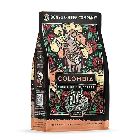 Bones Coffee Company Colombia Single-Origin Coffee, Almonds, Dried Fruit, Vanilla Notes, Flavored Whole Bean Coffee, Medium Roast Low Acid Arabica Beans, 12 oz Whole Bean