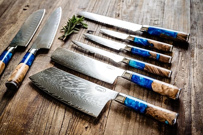 Epicurean Cook Damascus Kitchen Knife Set with VG10 Steel - 8-Piece Japanese Damascus Knife Set for Professional Performance - Ultra Sharp Chef Knives with Blue Resin Burl Wood Handles